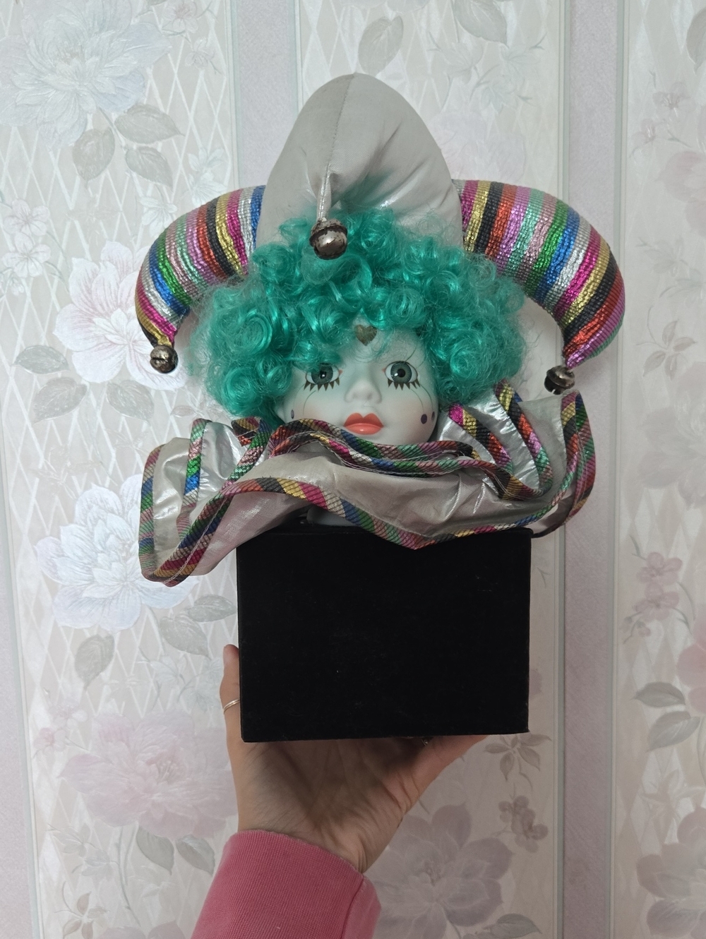 Vintage Music Box Clown Head with Teal Curly Hair And Bells
